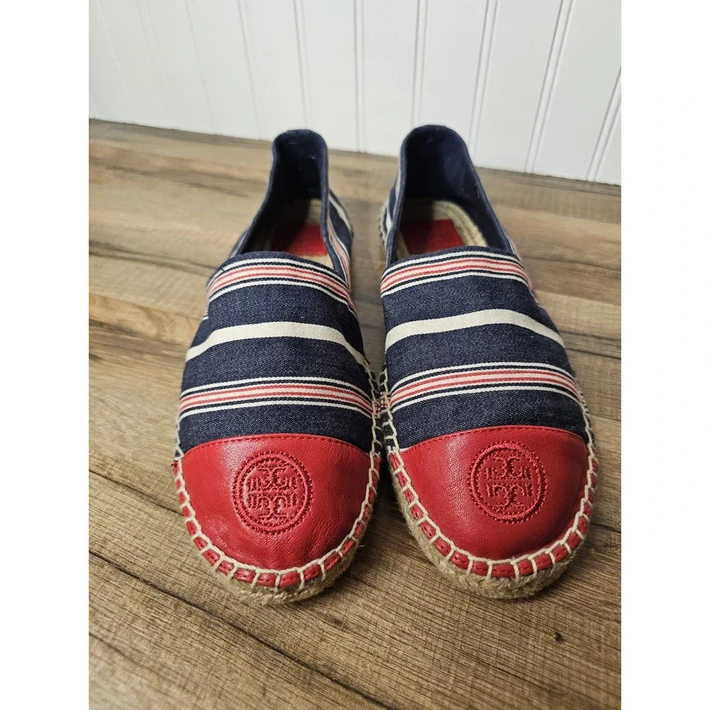 Tory Burch Red Blue White Stripe Cap Toe Leather Espadrilles 10.5 Nautical